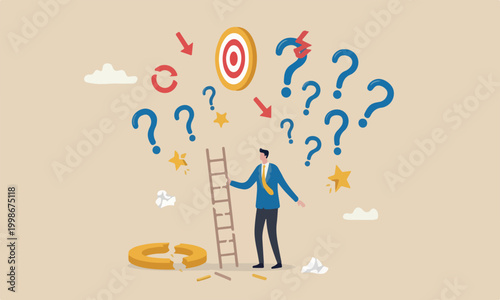 Mistake and fall disappointment or mission fail, hopeless on unreachable target concept, hopelessness businessman with too short ladder cannot reach target.