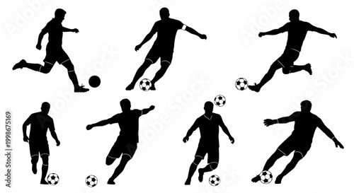 Dynamic Silhouettes of Professional Soccer Players Dribbling and Kicking Footballs in Various Action Poses