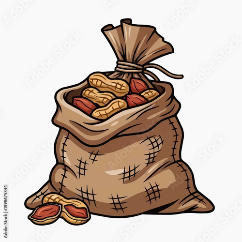 A rustic burlap sack filled with fresh peanuts, tied at the top.