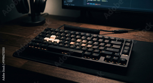 Modern minimalist workspace featuring a high-performance mechanical keyboard and coiled cable on a wooden desk, emphasizing productivity and digital craftsmanship