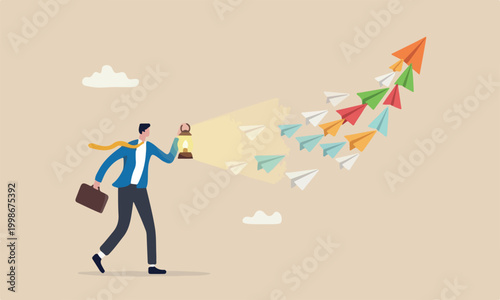 Leadership guide meeting teams together decision to motivate team, power to control or influence people concept, confident businessman lead other paper airplane origami