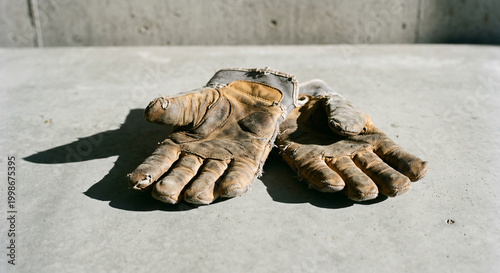 A Pair of Worn Work Gloves Resting on a Concrete Surface