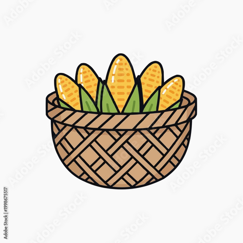 A rustic woven basket filled with fresh corn cobs.