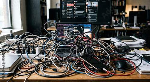 Chaos and Disarray A Messy Desk with Tangled Wires and Electronic Devices Overlapping