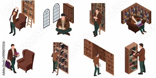Collection of Isometric Illustrations Depicting People and Furniture in a Classic Library Setting