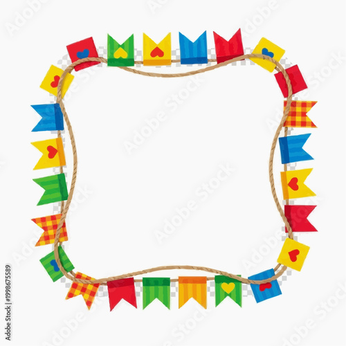A festive square frame composed of colorful bunting flags and a rope border.