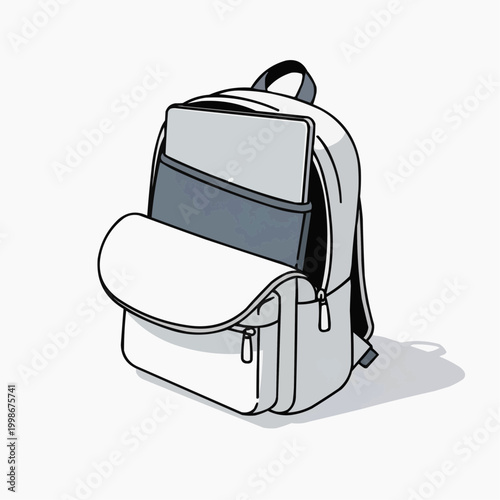 An open backpack reveals a laptop and books stored securely inside.