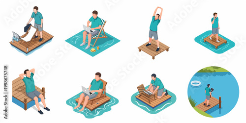 Isometric Scene of Man Working Remotely on a Lakeside Dock with Relaxation Activities