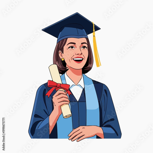 A joyful female graduate smiles broadly while holding her prestigious diploma.