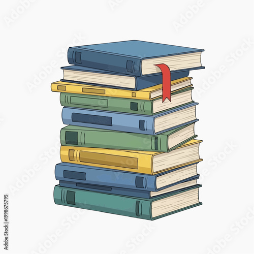 A tall stack of colorful books with a red bookmark is neatly piled.