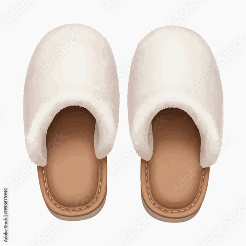 An overhead view reveals a pair of soft, warm, white slippers on a white background.