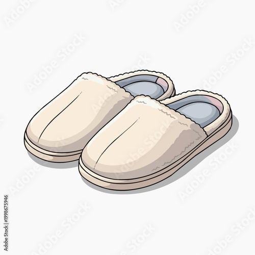 A pair of cozy, warm, white slippers rests side-by-side on a white background.