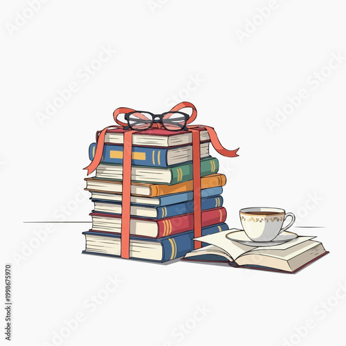 A stack of books tied with a red ribbon is accompanied by reading glasses and a cup of coffee.
