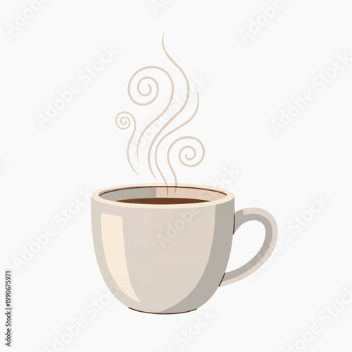 A white ceramic mug filled with hot coffee emits swirling steam on a light background.