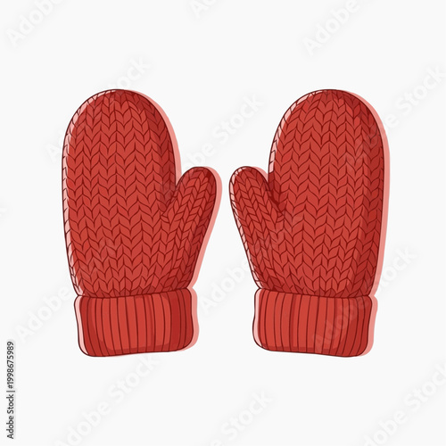 A pair of bright red knitted mittens is presented on a white backdrop.