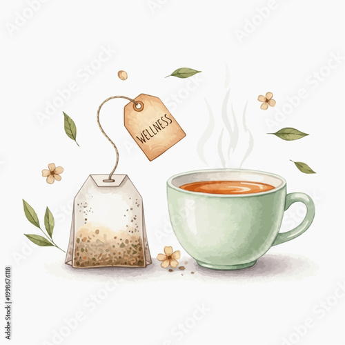 A watercolor style vector illustration depicting a wellness tea experience.