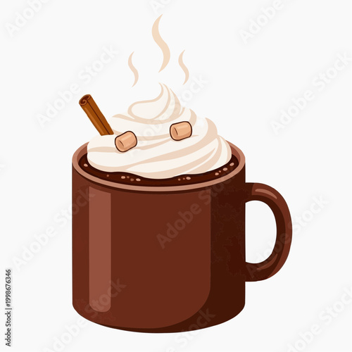A steaming hot chocolate vector illustration topped with whipped cream.
