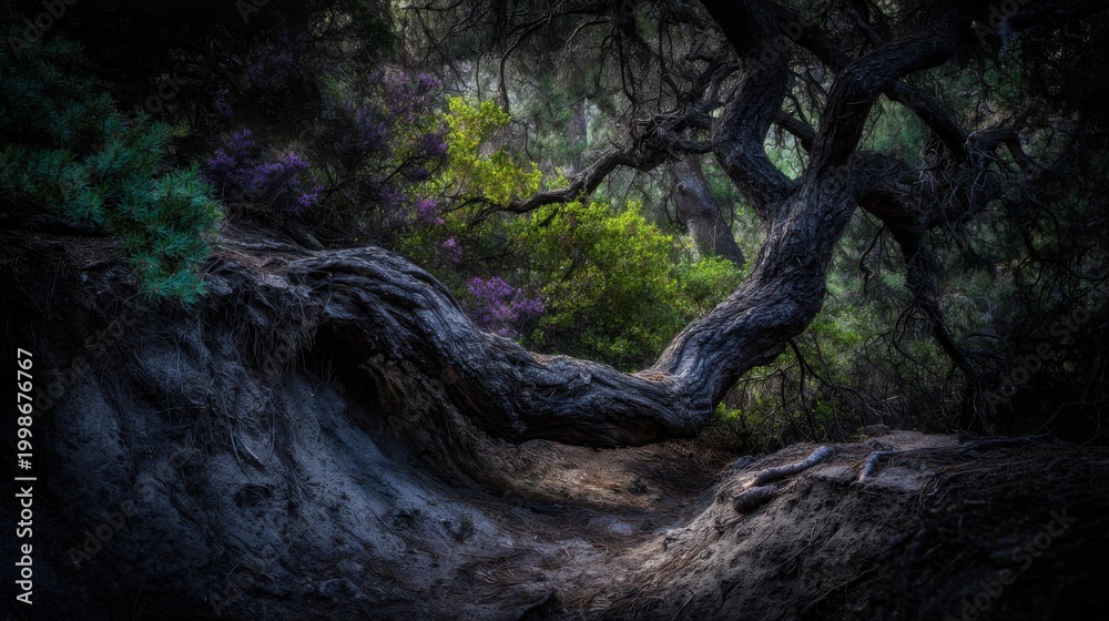 Fototapeta premium Twisted Roots of an Ancient Tree Exposed by Soil Erosion in a Moody Forest Setting