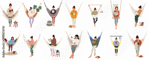 Collection of Diverse Women Relaxing in Hammocks While Reading, Writing, and Journaling in Cozy Outfits