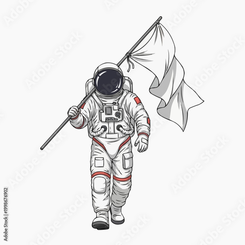 An astronaut illustration walks proudly holding a white flag.
