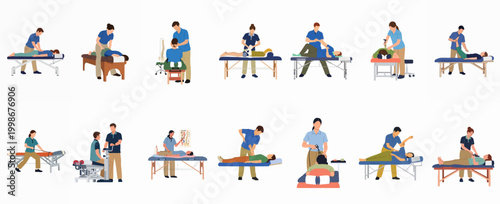 Set of Vector Illustrations Showing Chiropractors and Physical Therapists Performing Various Manual Therapy Treatments and Patient Adjustments on Treatment Tables.