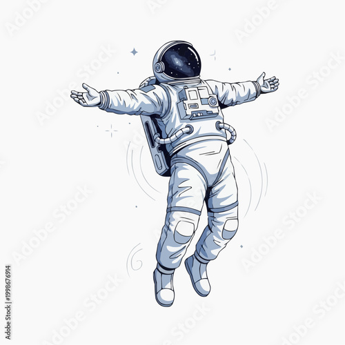 A floating astronaut in a space suit with arms outstretched in zero gravity
