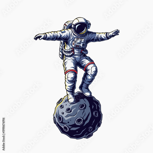 An astronaut balancing precariously on a small asteroid or moon