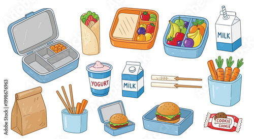 Collection of various healthy and convenient lunchbox meals and snacks for school or work, including fruits, sandwiches, and drinks.