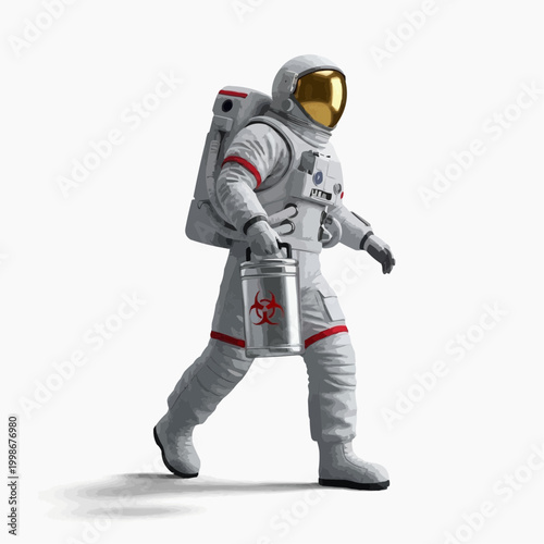 An astronaut in a spacesuit carries a biohazard container vector illustration