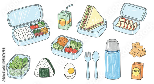 Hand-drawn illustration of various packed lunch items, bento boxes, snacks, and drinks for school or work meals, featuring a doodle style.
