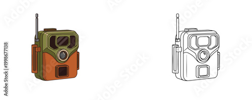 Hunting trail camera trap illustrations with antenna in flat color and black line styles in green and orange tones for wildlife monitoring on white background