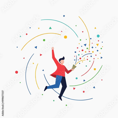 A vibrant flat illustration depicts a man celebrating with colorful confetti.