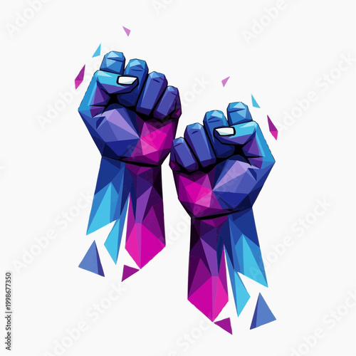 Two vibrant geometric fists rise in powerful unity.
