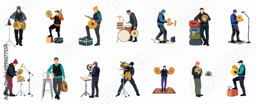 Collection of diverse male percussionists in tactical and streetwear outfits playing drums and cymbals, set against a clean white background.