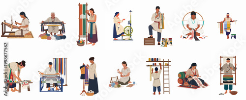 Set of traditional textile artisans weaving, spinning wool, and embroidering fabrics, featuring men and women in cultural attire on white background.