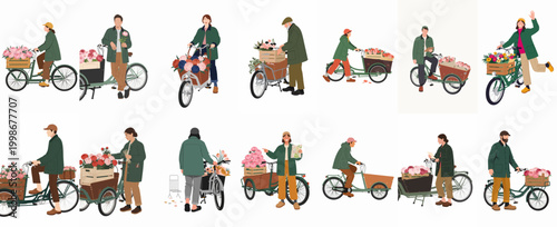 A collection of flat vector illustrations featuring diverse people delivering flowers using various cargo bikes and tricycles.
