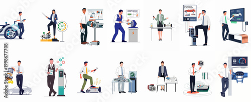 Collection of flat style illustrations featuring professionals and engineers demonstrating electric vehicle technology, automotive components, charging systems, and sustainable energy concepts.