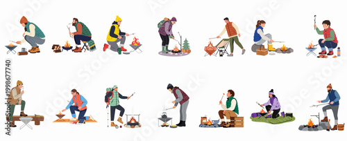 Collection of diverse people wearing warm clothing roasting marshmallows over various campfires and portable fire pits, set of isolated characters on white background.