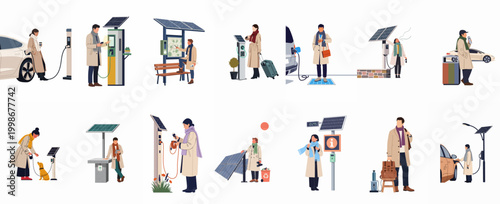 Flat vector illustrations of people using solar-powered smart city infrastructure, including electric vehicle charging stations, information kiosks, and green energy solutions.