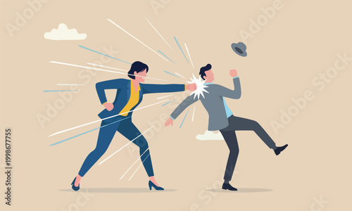 Success leadership or challenge to overcome or defeat enemy concept, strong confidence businesswoman leader punch a businessman to knockout winning
