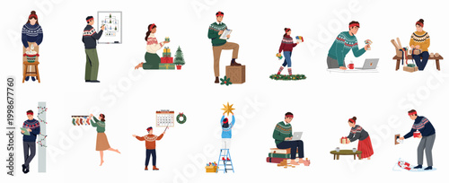 Flat Vector Illustration Set of People in Festive Sweaters Preparing for Christmas Holidays with Various Activities and Seasonal Decorations