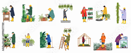 Flat illustration set of diverse people in raincoats caring for plants, watering ferns, and working in greenhouses and gardens.