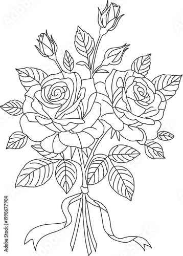 Elegant Rose Bouquet Outline Vector with Ribbon Floral Arrangement