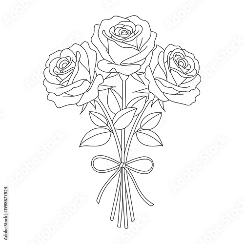 Three Rose Bouquet Outline Vector Elegant Floral Line Art
