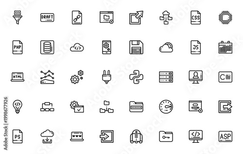 Development icon set. Vector tools and symbols for web, cloud, files, tech, maps and more. Includes gears, plugins, avatars, hashtags, keywords and editable icons.