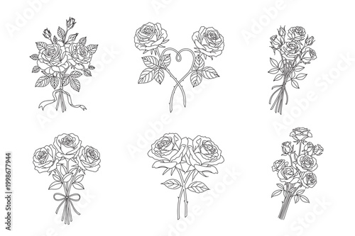 Rose Bouquet Outline Set Vector. Romantic Floral Line Art Collection Isolated on White Background