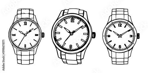 Vintage watch set with black line art on white background featuring watches, timepieces, vintage design with line art and illustration