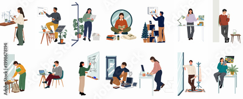 Diverse characters engaged in renewable energy research, sustainability projects, and green technology professions in various office, home, and outdoor environments.