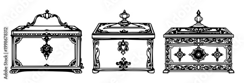 Ornate brass box set with black line art on white background featuring brass, ornamental design, fine detailing with single line illustration and minimalist style