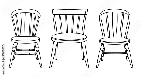 Wooden chair set with black line art on white background featuring minimalist chair, line art, illustrative design with vector and graphic